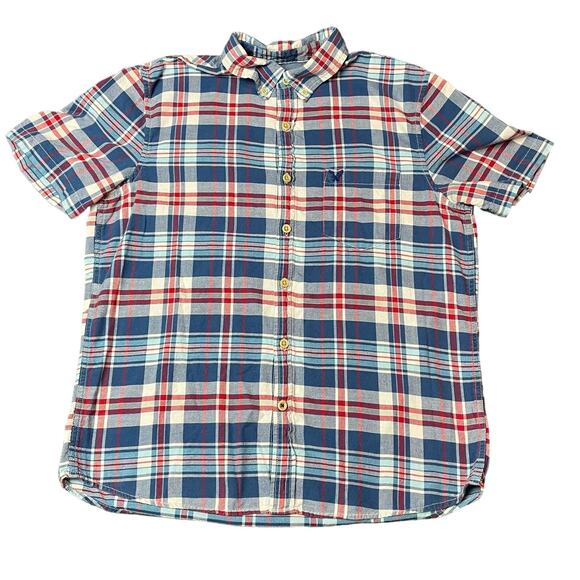 American Eagle Men’s Size L Slim Fit Short Sleeve Button Down Red White Blue - Picture 1 of 7